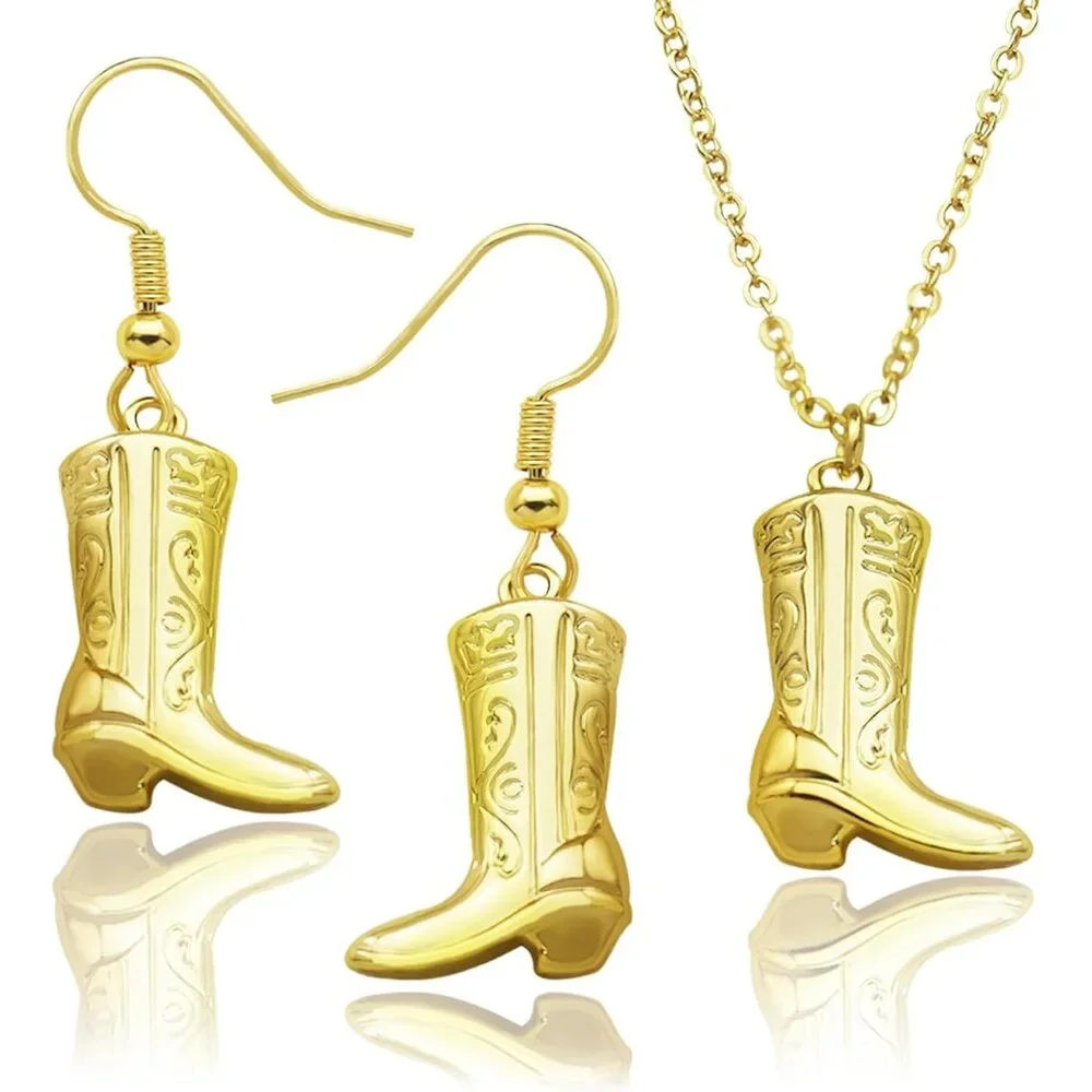 Texas Cowboy Boot Necklace Earrings Western Jewelry Set for Women Silver Gold Co